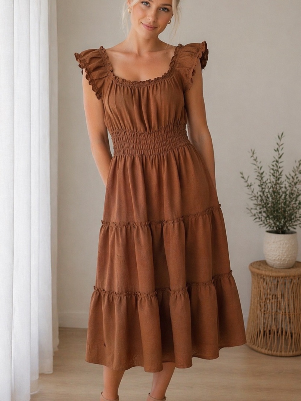 Forever 21 Rust Brown Smocked Ruffle Midi Dress